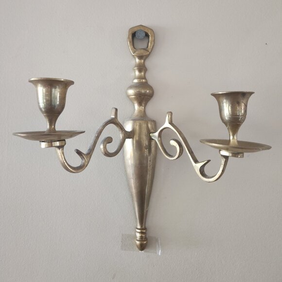 Pair of  Brass Double-Arm Colonial Wall-Sconces Candle Holders  w/added decor - Picture 4 of 8